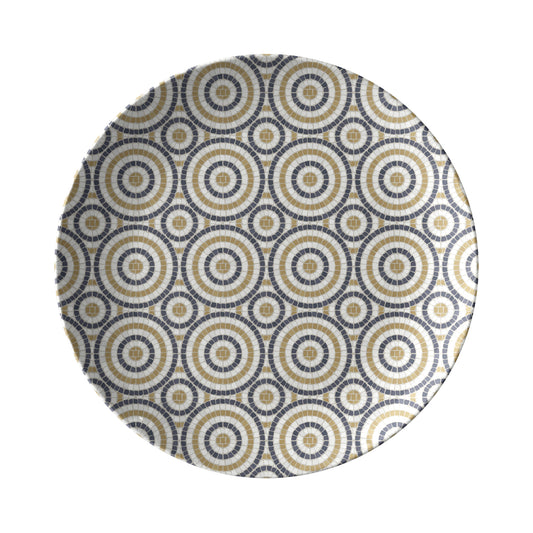 Round Dinner Plate with Mosaic Bistro Tile circular print in black, cream and gold