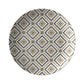 Round dinner plate with mosaic bistro tile print with diamond pattern in white black and gold