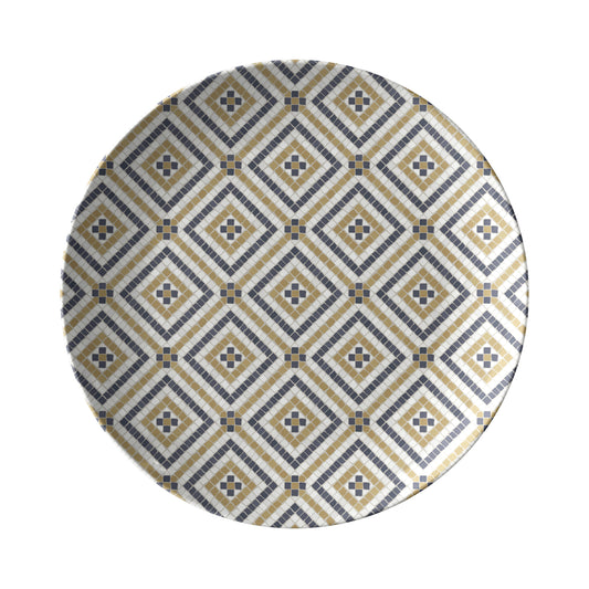 Round dinner plate with mosaic bistro tile print with diamond pattern in white black and gold