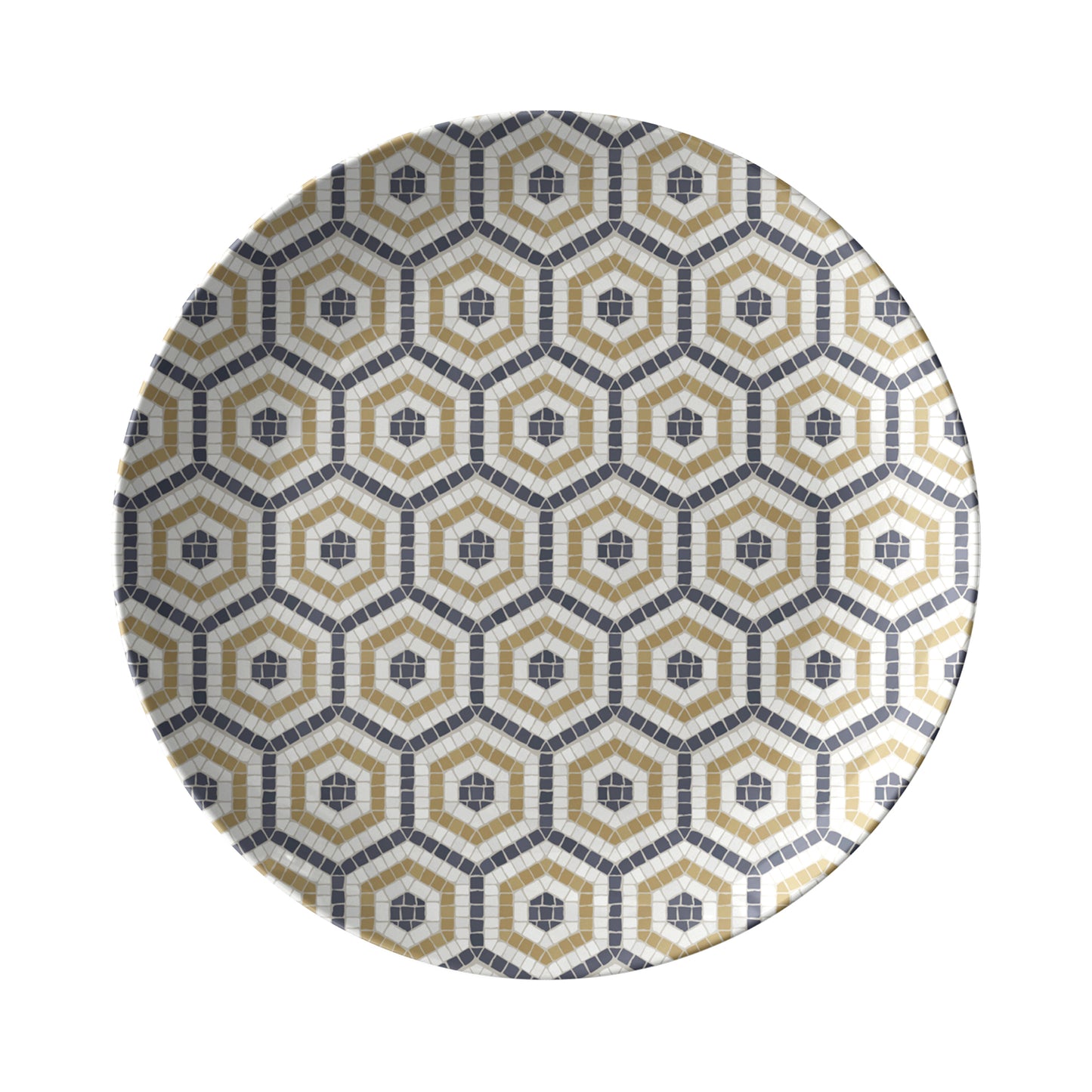 Round plate with hexagon geometric bistro tile pattern on a white background