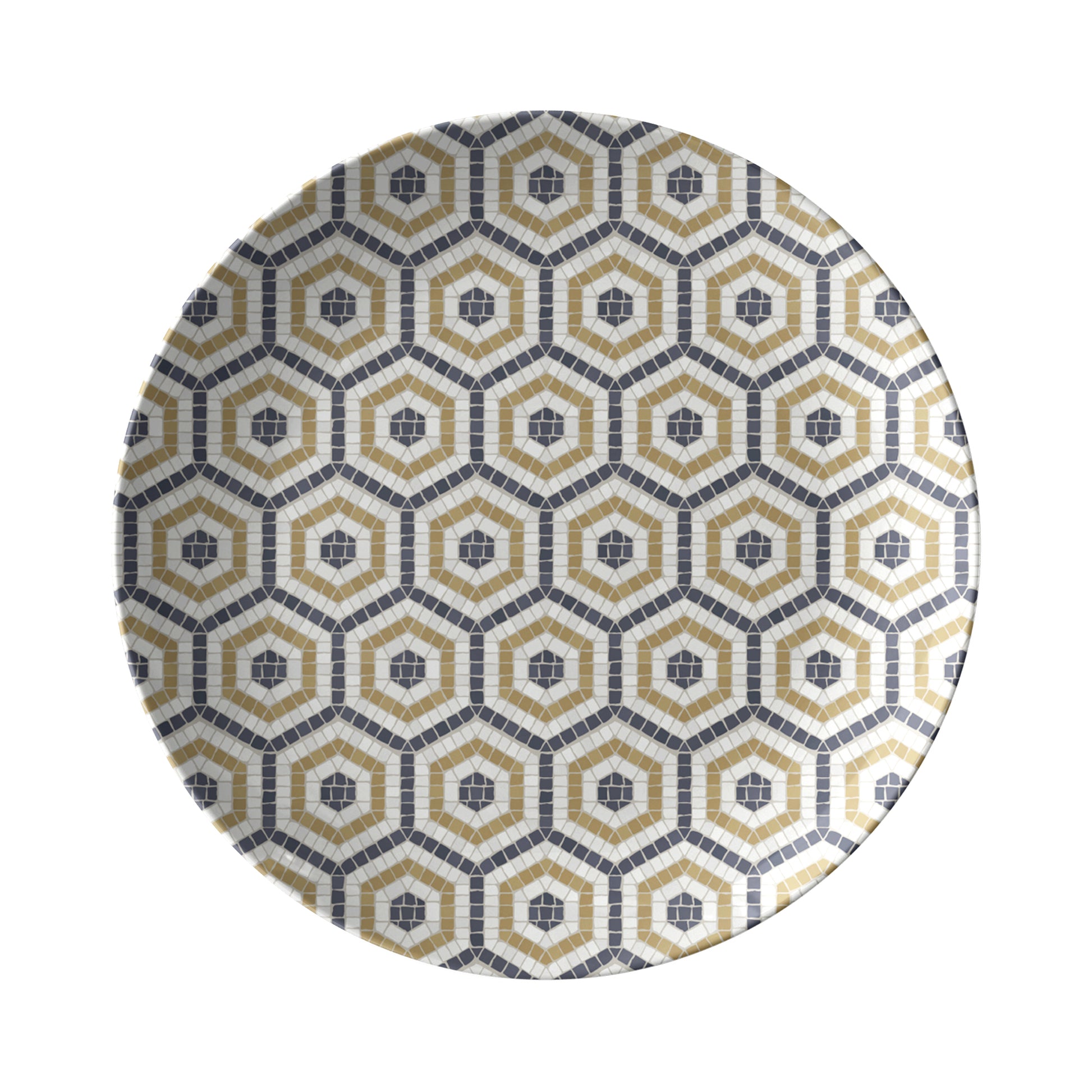Round plate with hexagon geometric bistro tile pattern on a white background