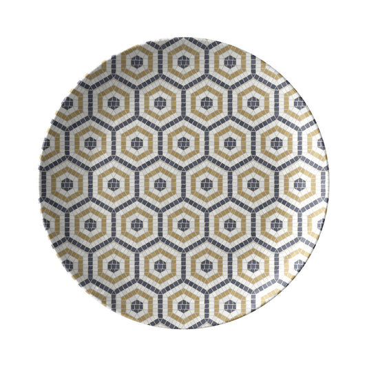 Round plate with hexagon geometric bistro tile pattern on a white background