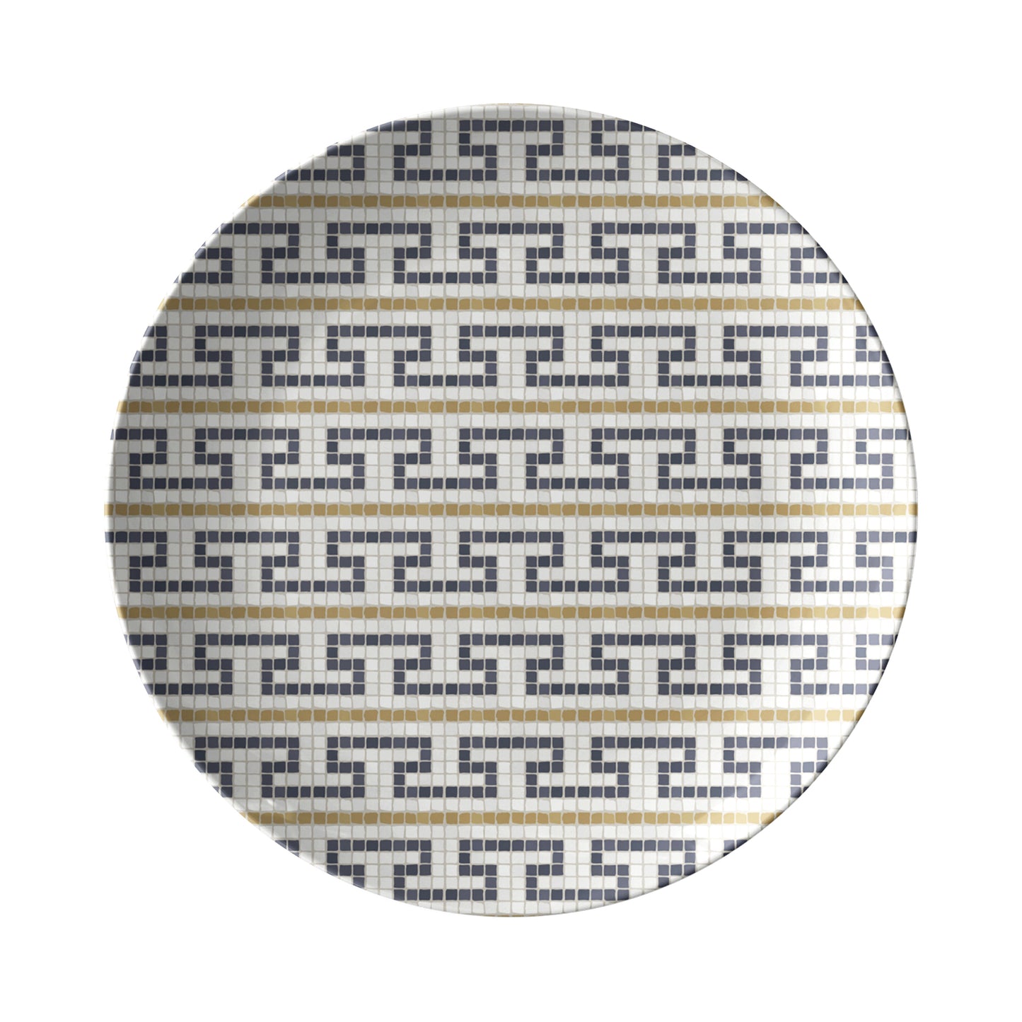 Round dinner plate in cream, gold and black mosaic bistro tile fret pattern.