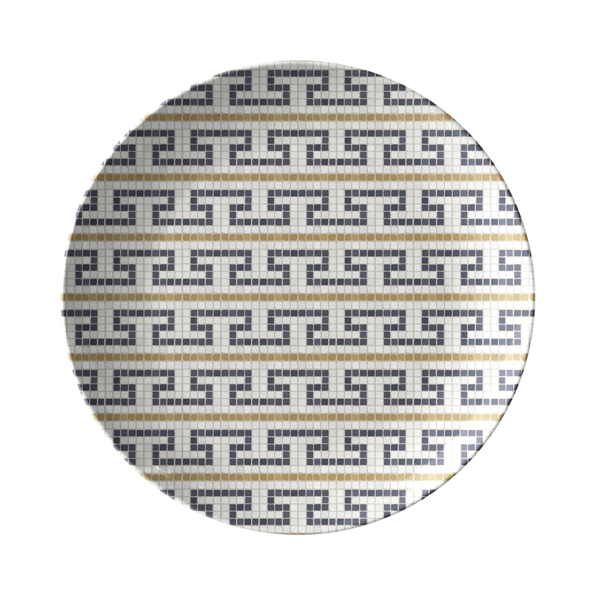 Round dinner plate in cream, gold and black mosaic bistro tile fret pattern.