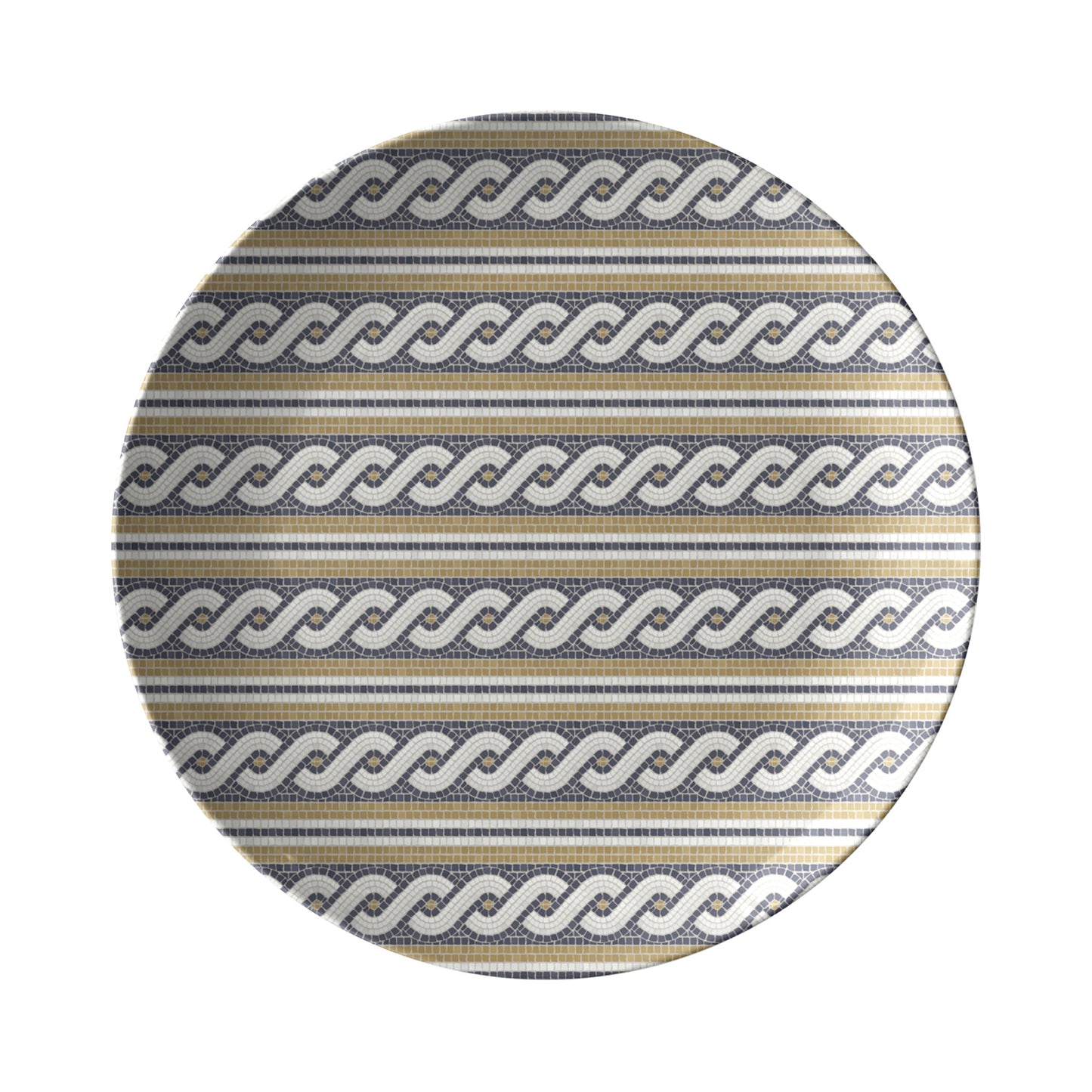 Round plate with cream gold and black bistro tile print of wavy rope striped pattern on a white background