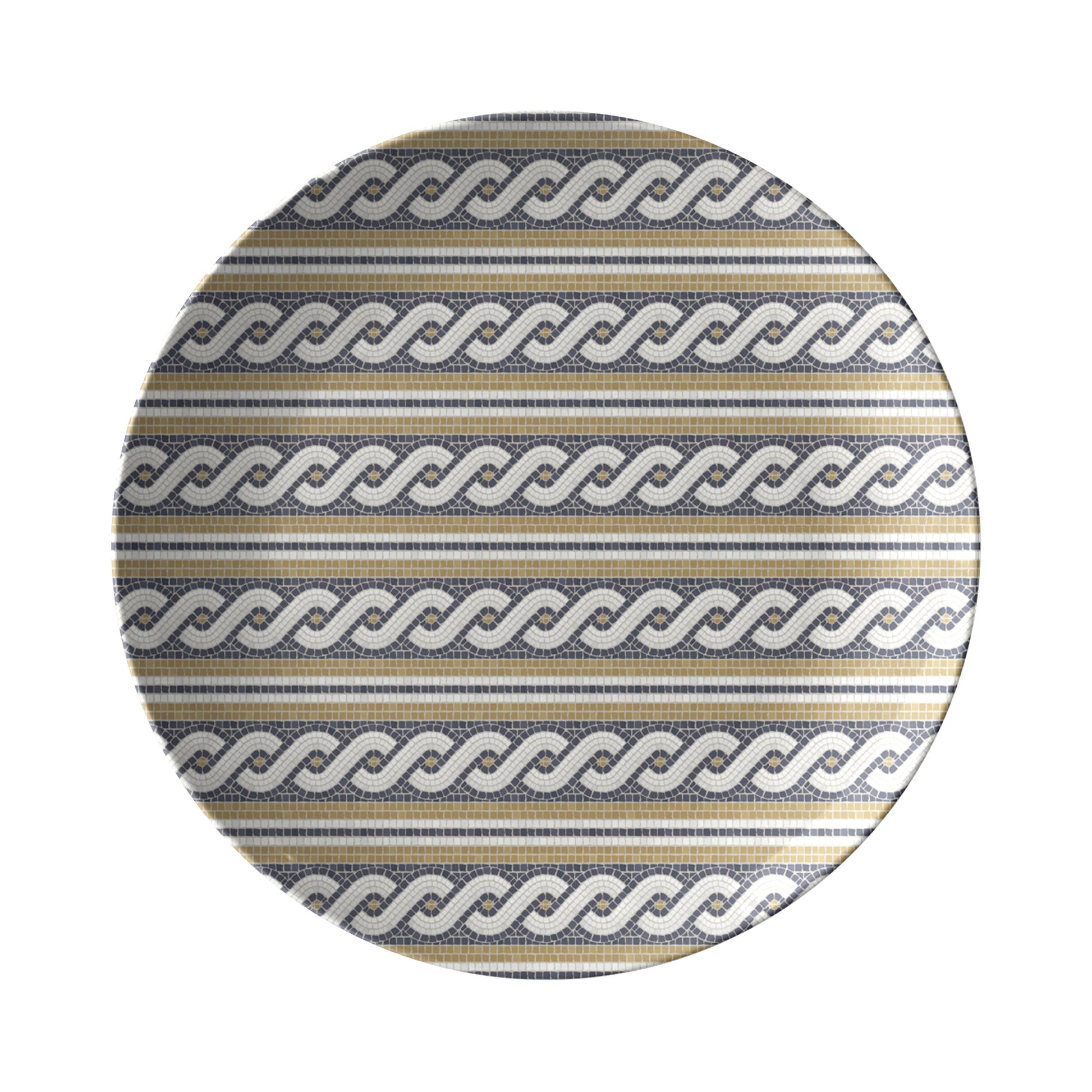 Round plate with cream gold and black bistro tile print of wavy rope striped pattern on a white background