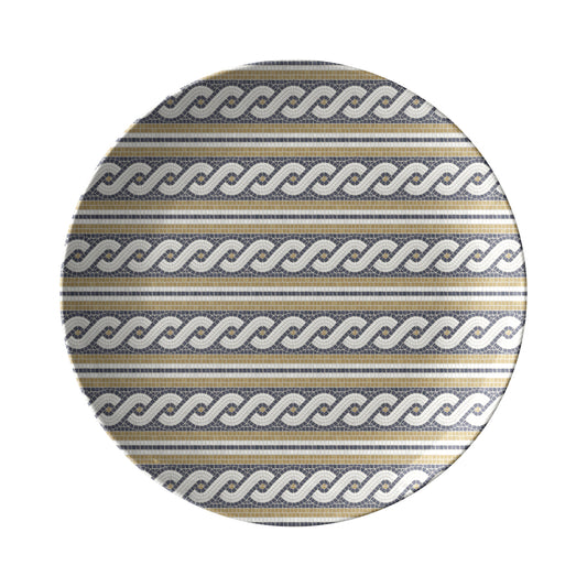 Round plate with cream gold and black bistro tile print of wavy rope striped pattern on a white background
