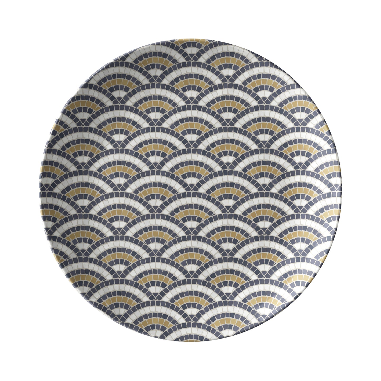 Dinner plate with mosaic bistro tile scallop pattern in black, cream, gold.