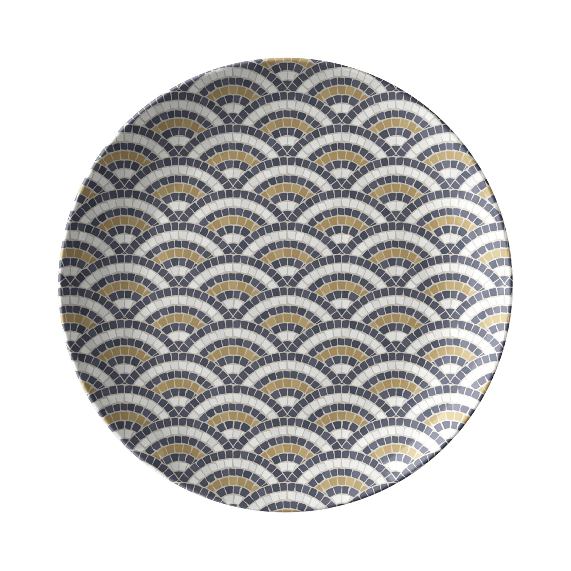 Dinner plate with mosaic bistro tile scallop pattern in black, cream, gold.