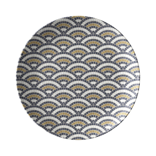 Dinner plate with mosaic bistro tile scallop pattern in black, cream, gold.