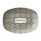 Oval serving platter in a bistro tile print with a circular pattern in black, gold and cream. Personalized with any custom text of your choice.