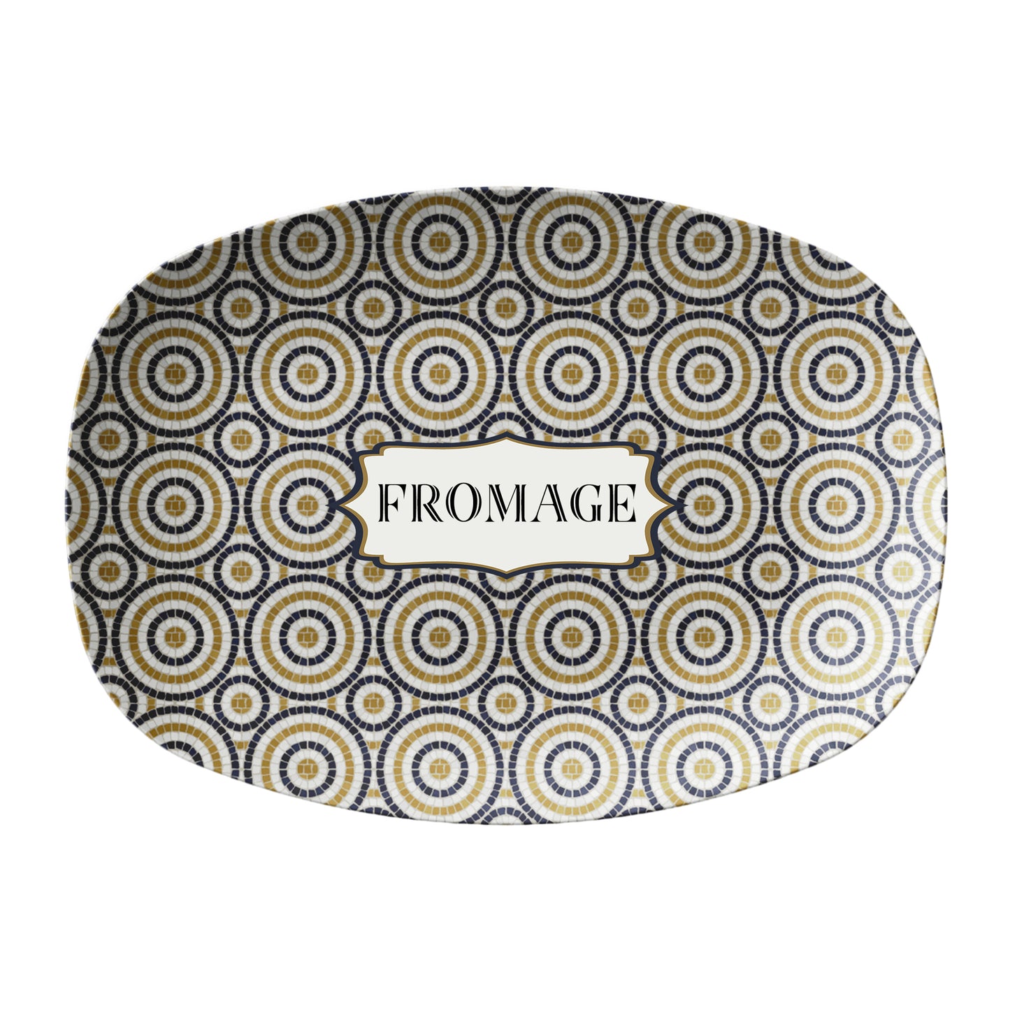 Oval serving platter in a bistro tile print with a circular pattern in black, gold and cream. Personalized with any custom text of your choice.