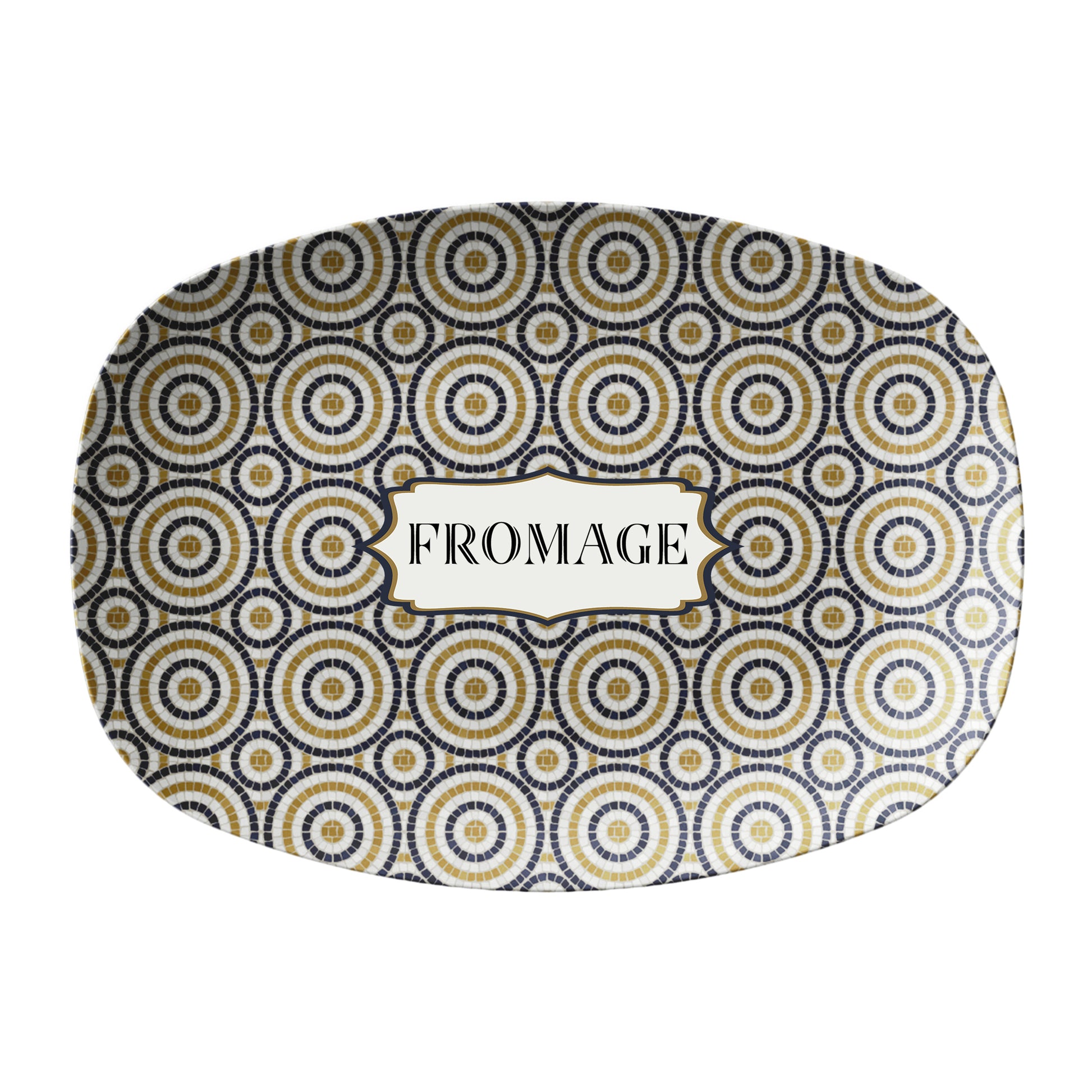Oval serving platter in a bistro tile print with a circular pattern in black, gold and cream. Personalized with any custom text of your choice.