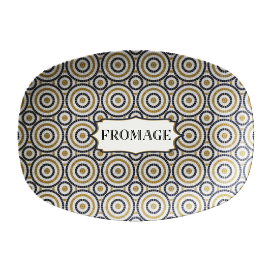 Oval serving platter in a bistro tile print with a circular pattern in black, gold and cream. Personalized with any custom text of your choice.
