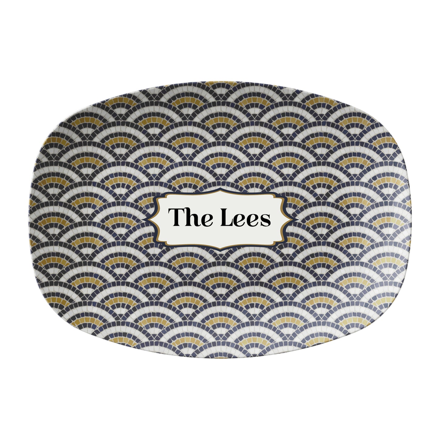 Bistro tile serving platter in scallop pattern in black, cream and gold. Personalized with any custom text.