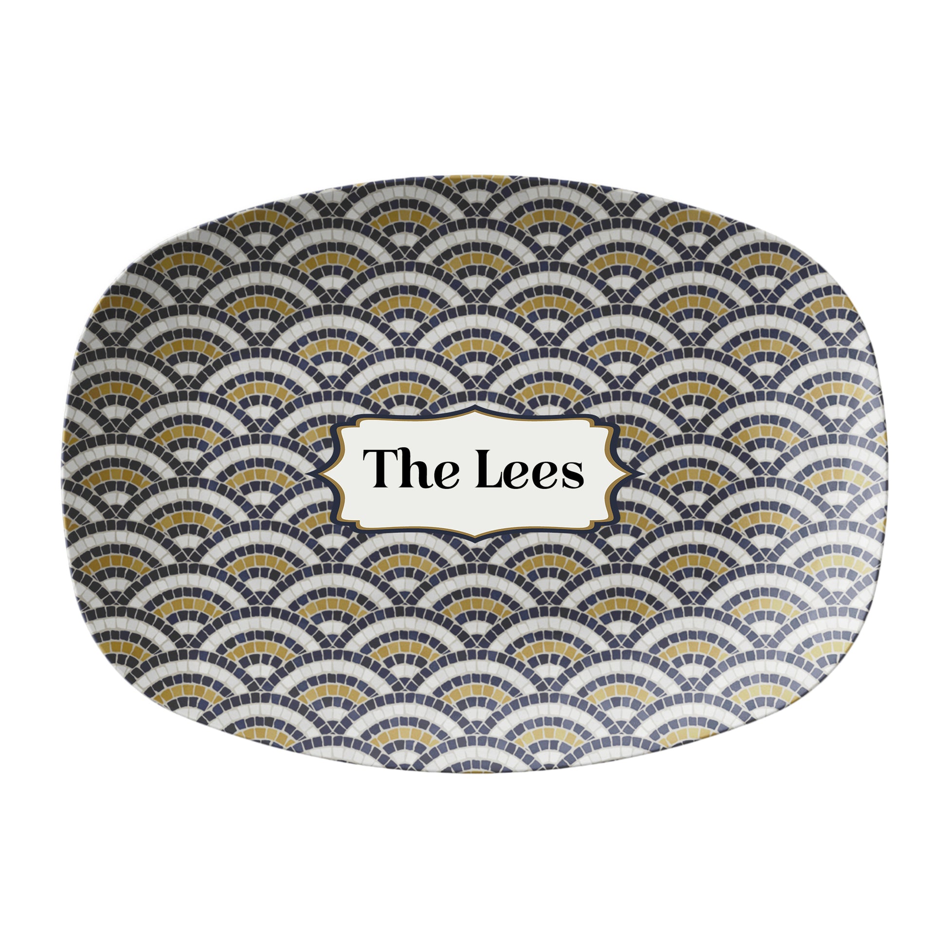 Bistro tile serving platter in scallop pattern in black, cream and gold. Personalized with any custom text.