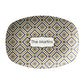 Oval serving platter in a bistro tile print with a diamond pattern in black, gold and cream. Personalized with any custom text.