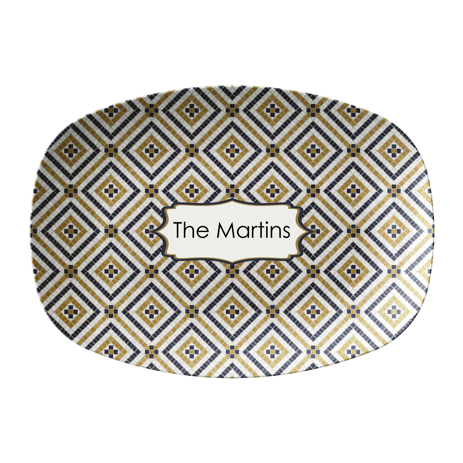 Oval serving platter in a bistro tile print with a diamond pattern in black, gold and cream. Personalized with any custom text.