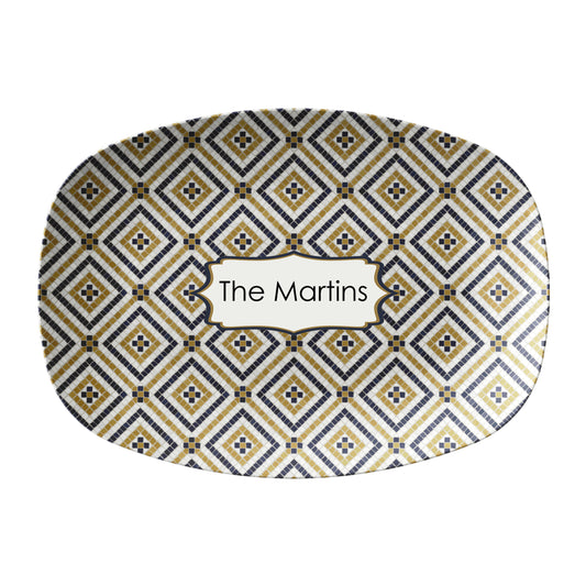 Oval serving platter in a bistro tile print with a diamond pattern in black, gold and cream. Personalized with any custom text.