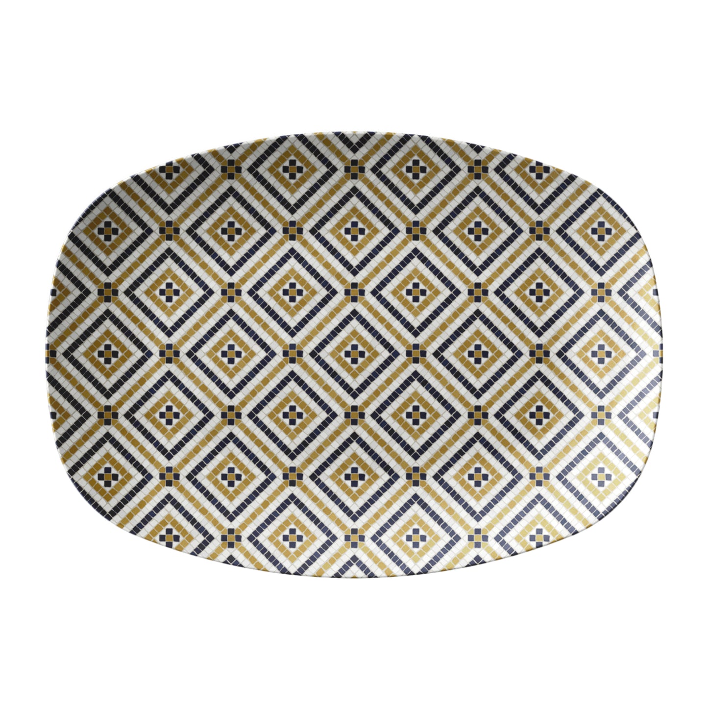 Bistro tile serving platter with a black and gold diamond pattern.