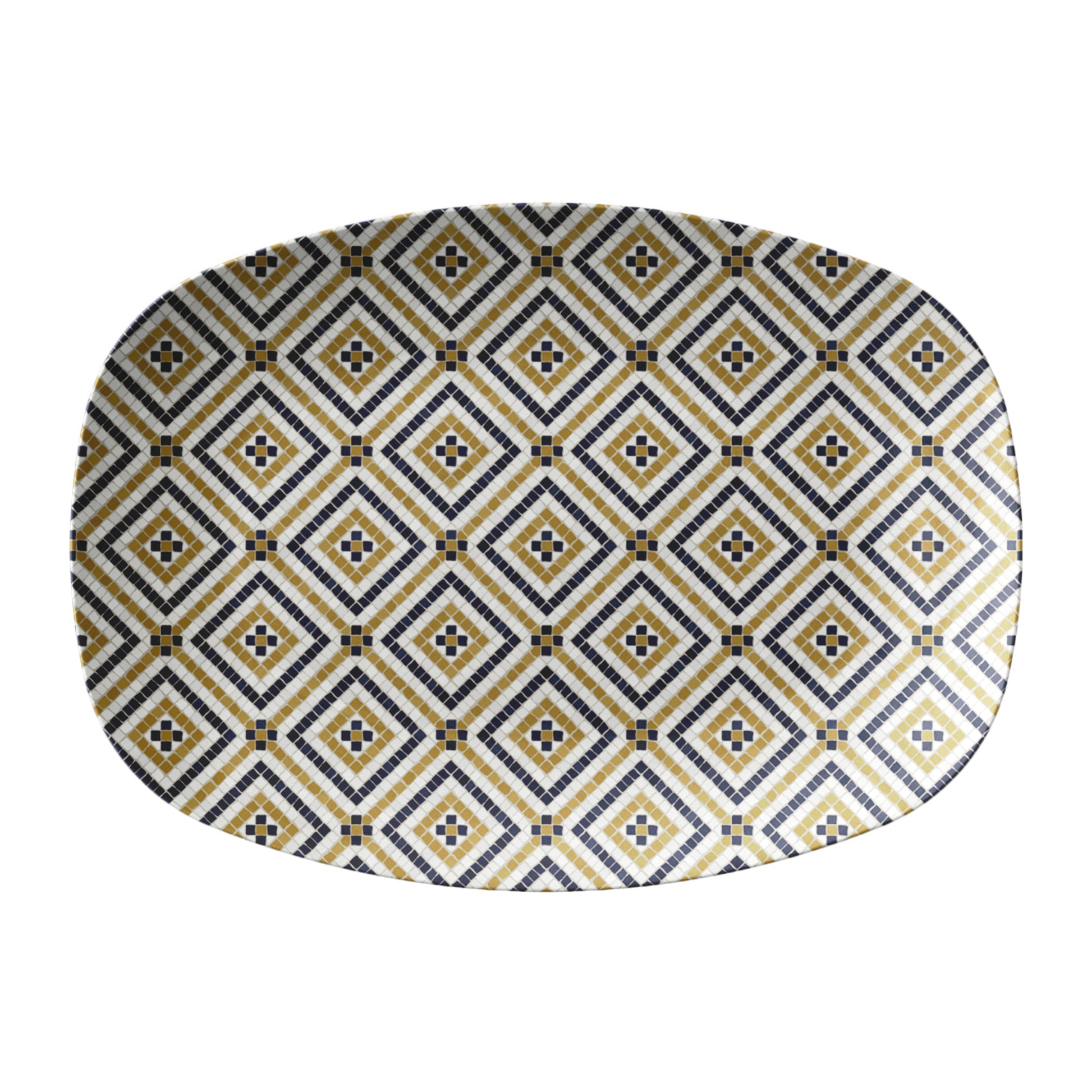 Bistro tile serving platter with a black and gold diamond pattern.