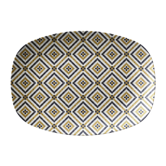 Bistro tile serving platter with a black and gold diamond pattern.