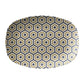 Bistro tile serving platter with hexagon pattern in black, gold and cream.