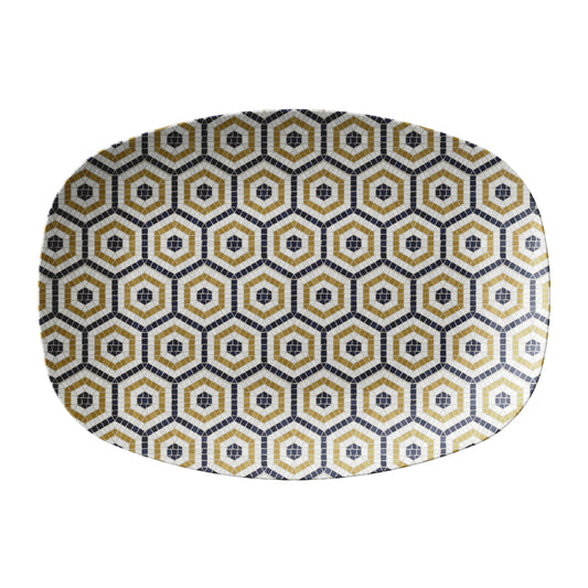 Bistro tile serving platter with hexagon pattern in black, gold and cream.
