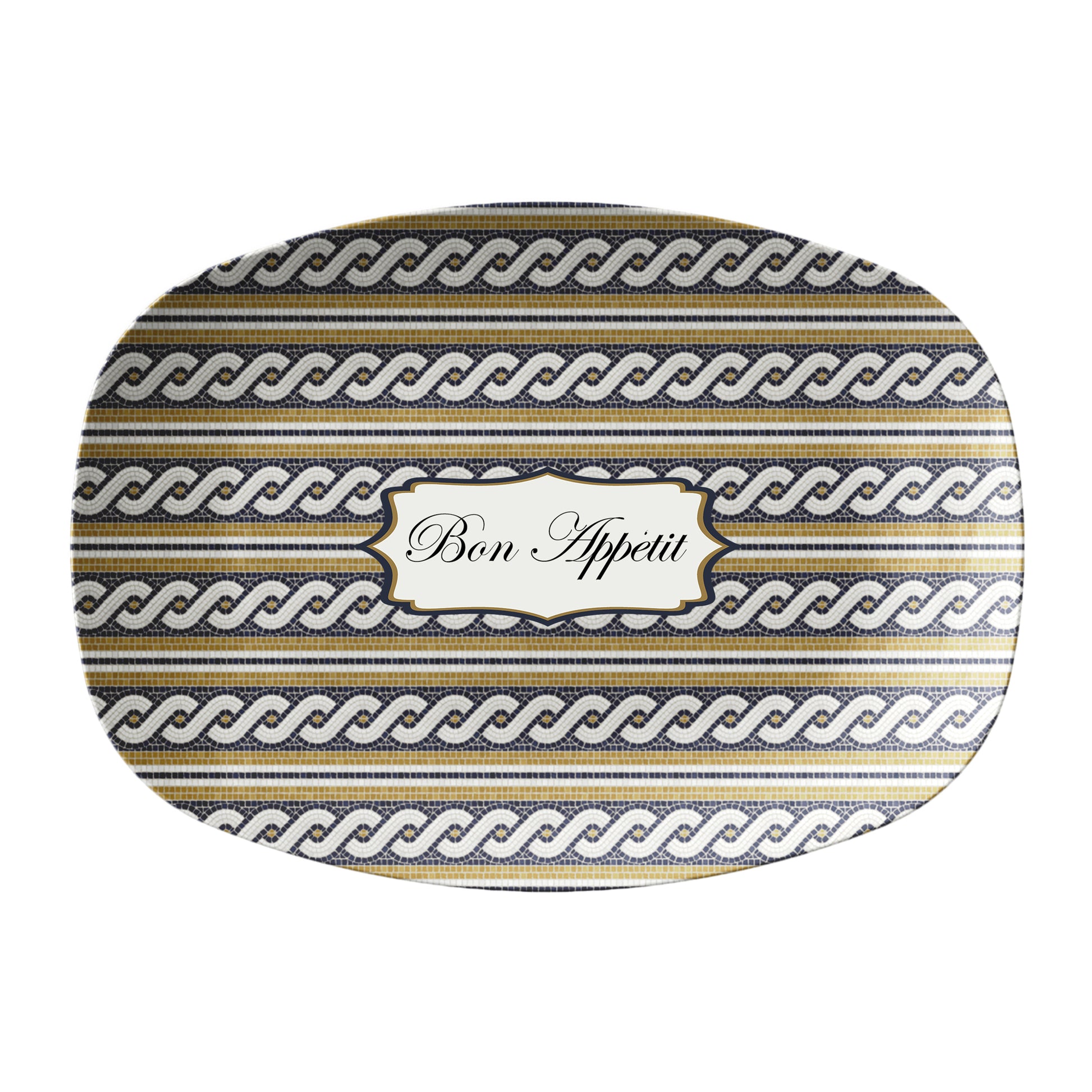Mosiac Bistro Tile Print Oval Serving Platter with Phrase "Bon Appetit" at center