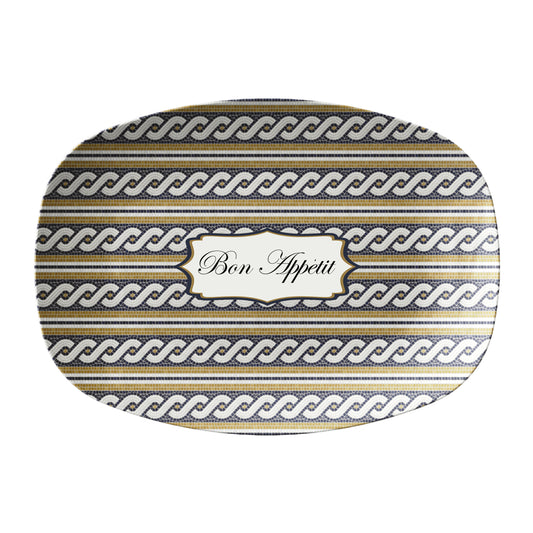 Mosiac Bistro Tile Print Oval Serving Platter with Phrase "Bon Appetit" at center