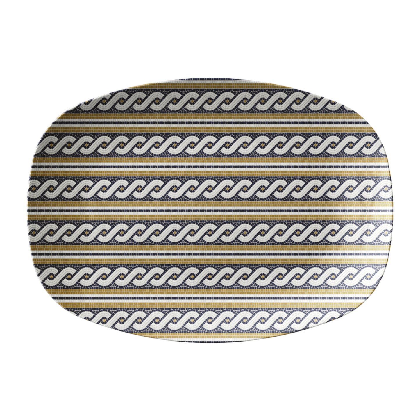 Rope braid pattern is printed on this bistro tile inspired serving platter. Colors are black, gold and cream.