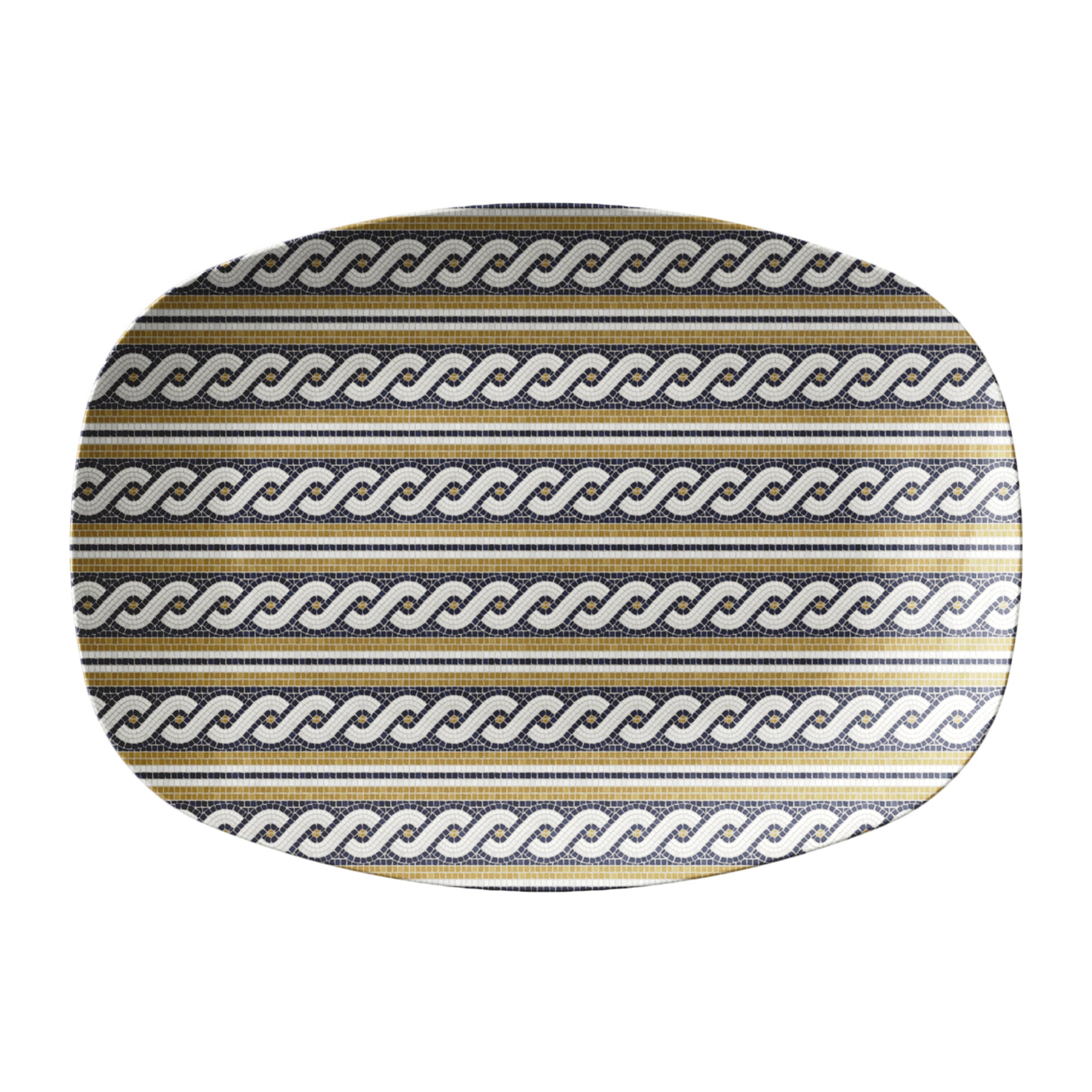 Rope braid pattern is printed on this bistro tile inspired serving platter. Colors are black, gold and cream.