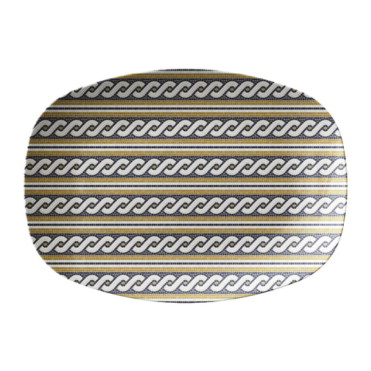 Rope braid pattern is printed on this bistro tile inspired serving platter. Colors are black, gold and cream.