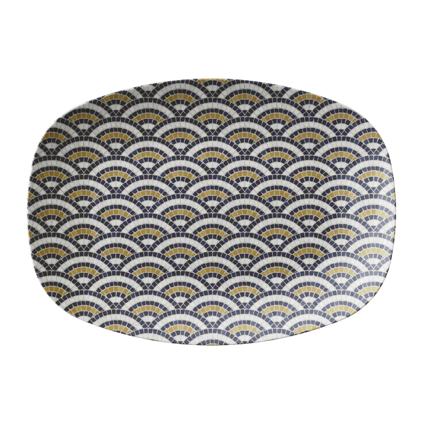 Scallop pattern serving platter in black, gold and cream. Bistro tile inspired.