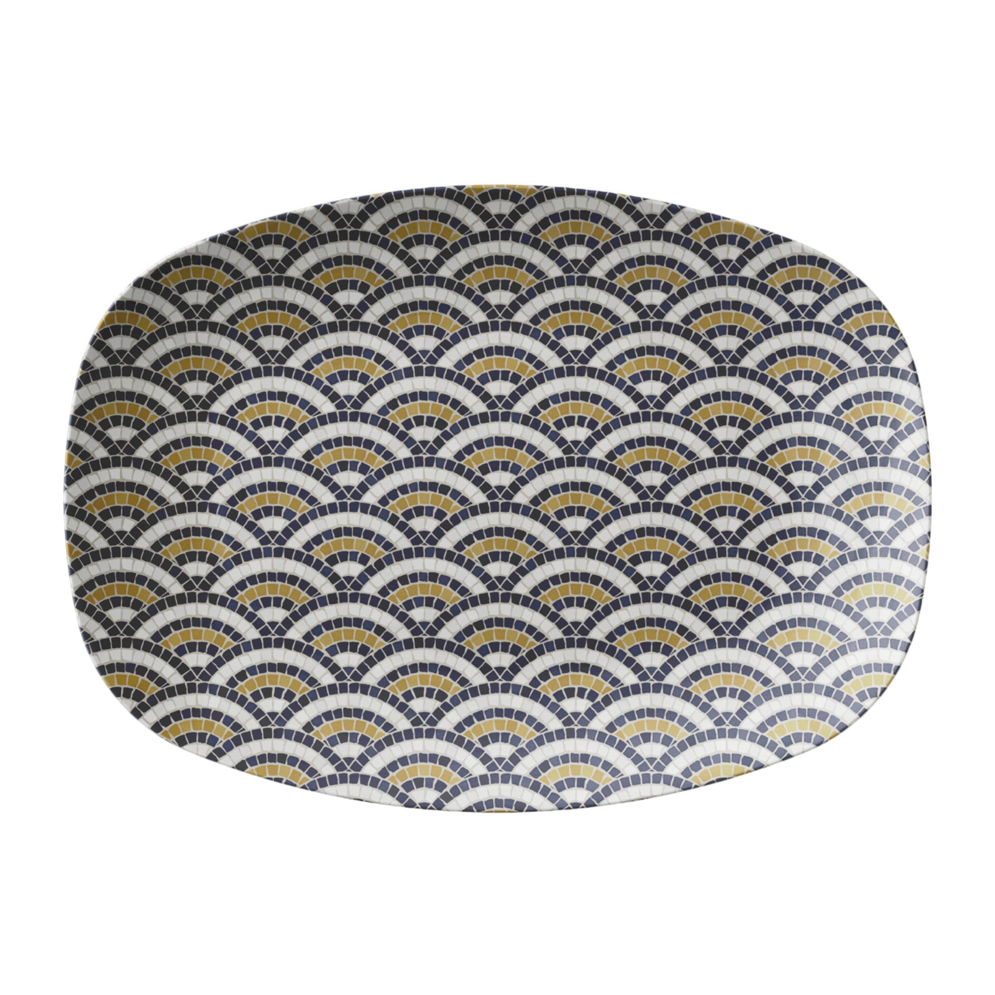 Scallop pattern serving platter in black, gold and cream. Bistro tile inspired.