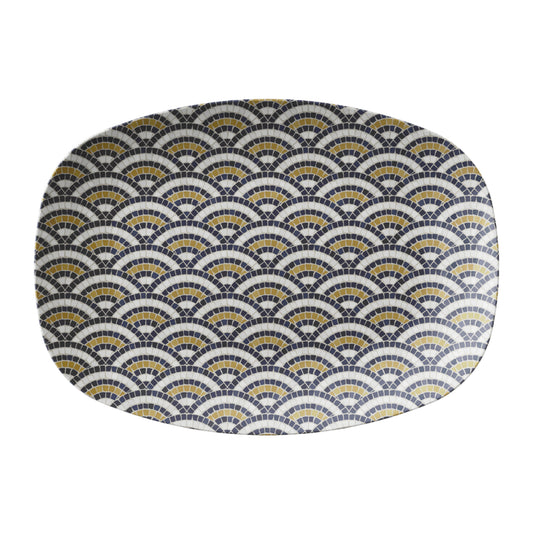 Scallop pattern serving platter in black, gold and cream. Bistro tile inspired.