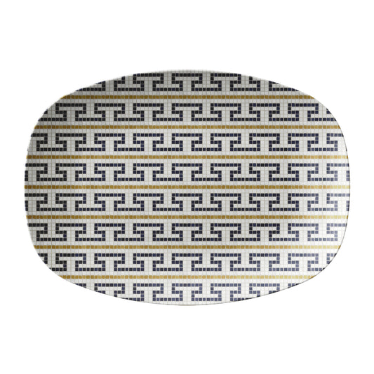 Mosaic bistro tile serving platter with a black, gold and cream stepped fret pattern.