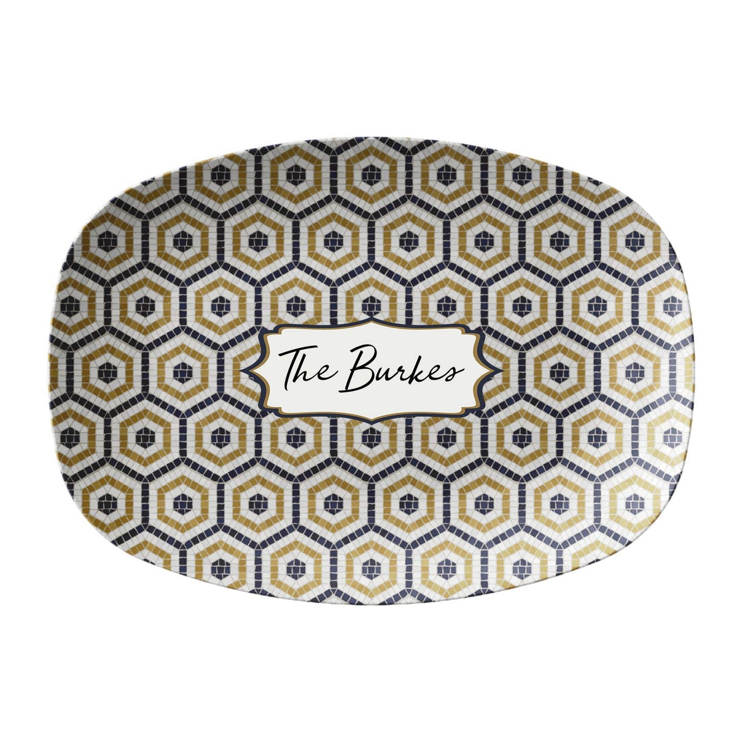 Oval serving platter in a bistro tile print with a hexagon pattern in black, gold and cream. Personalize with any custom text.