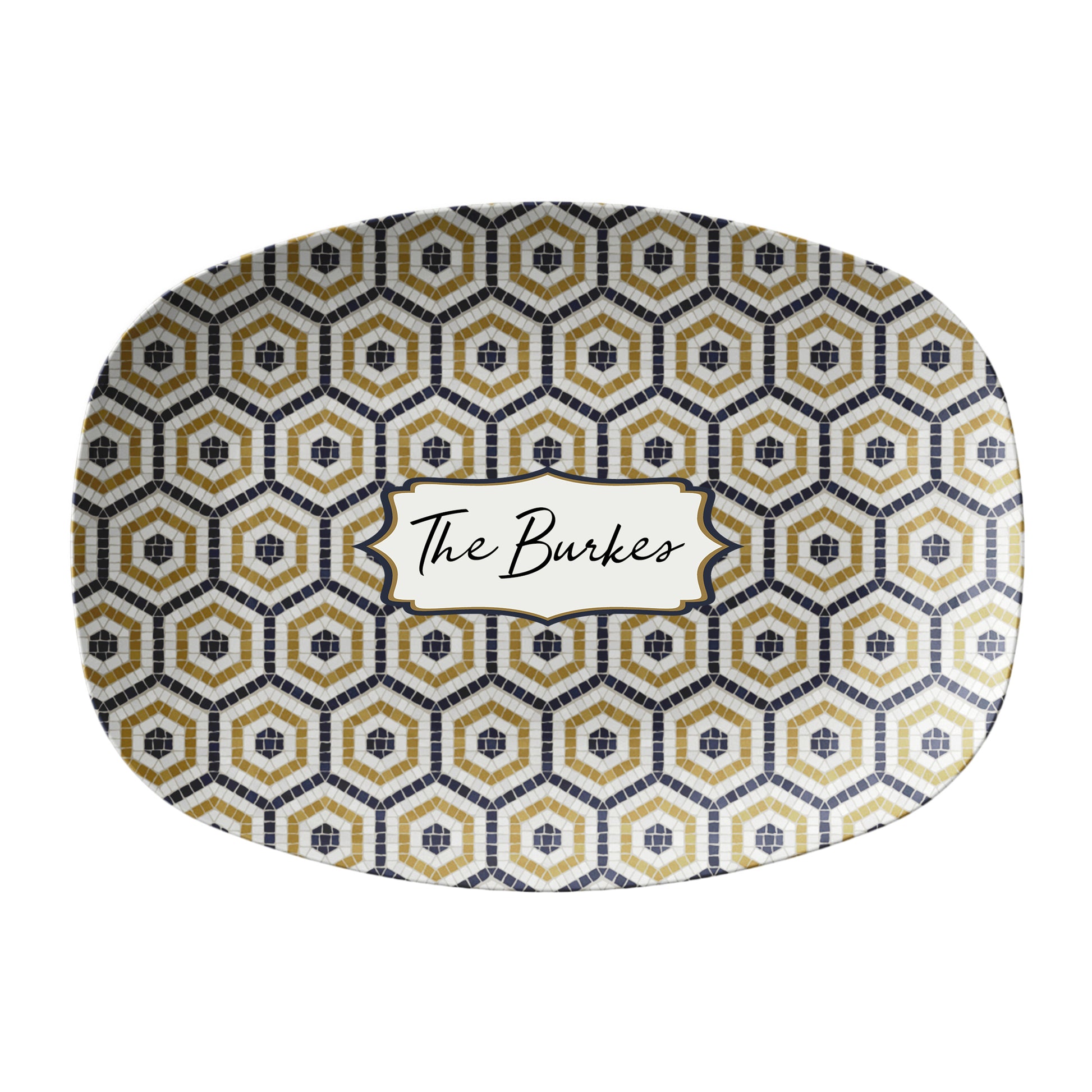 Oval serving platter in a bistro tile print with a hexagon pattern in black, gold and cream. Personalize with any custom text.