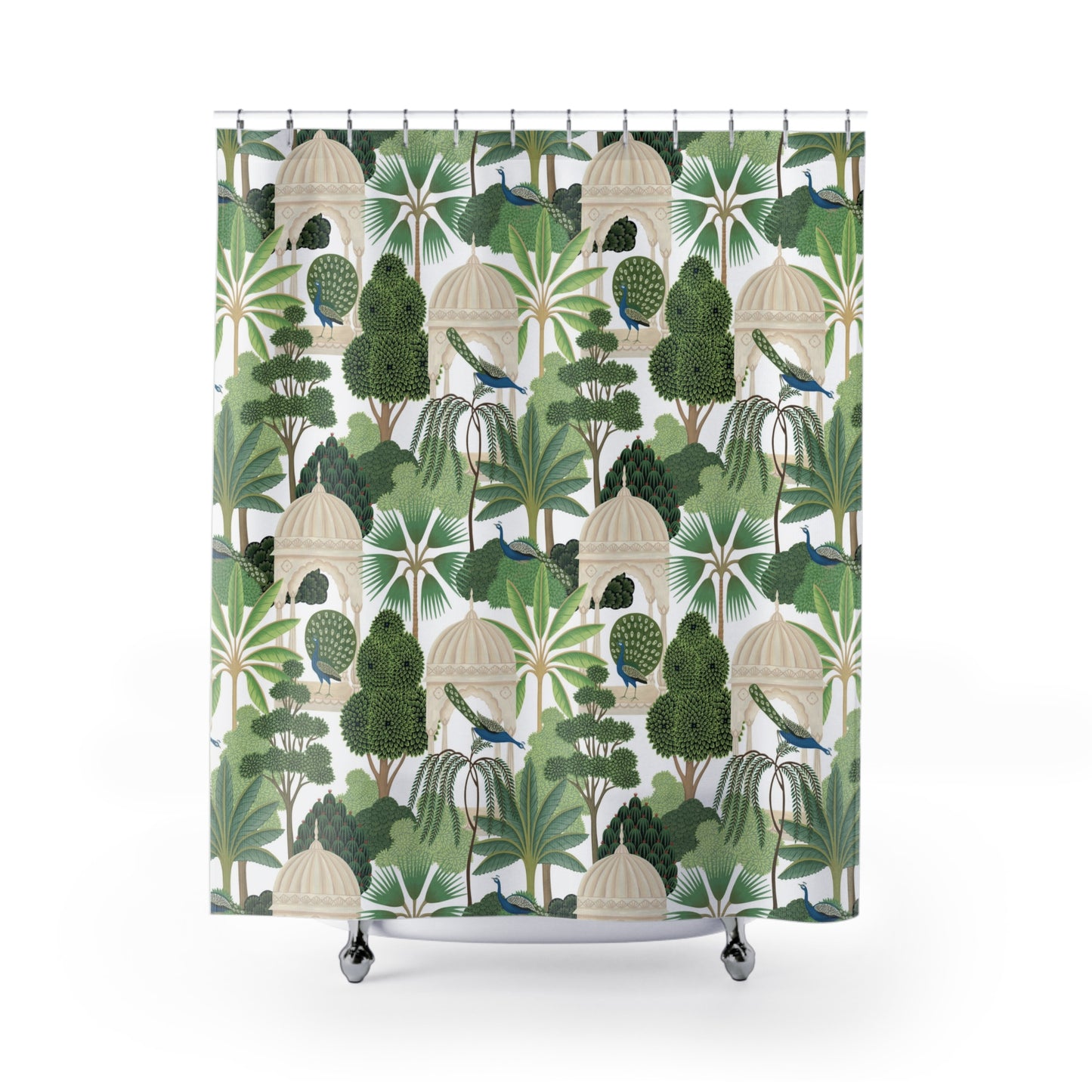 Shower curtain with a tropical design featuring trees, peacocks on a white background.