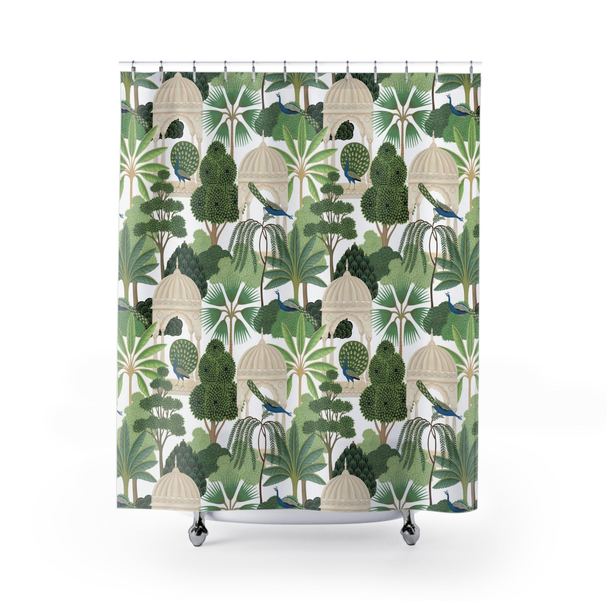 Shower curtain with a tropical design featuring trees, peacocks on a white background.
