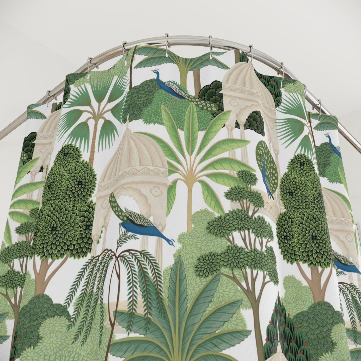 Lush Botanical Garden Shower Curtain – Tropical Trees, Ivory Pavilions & Peacocks