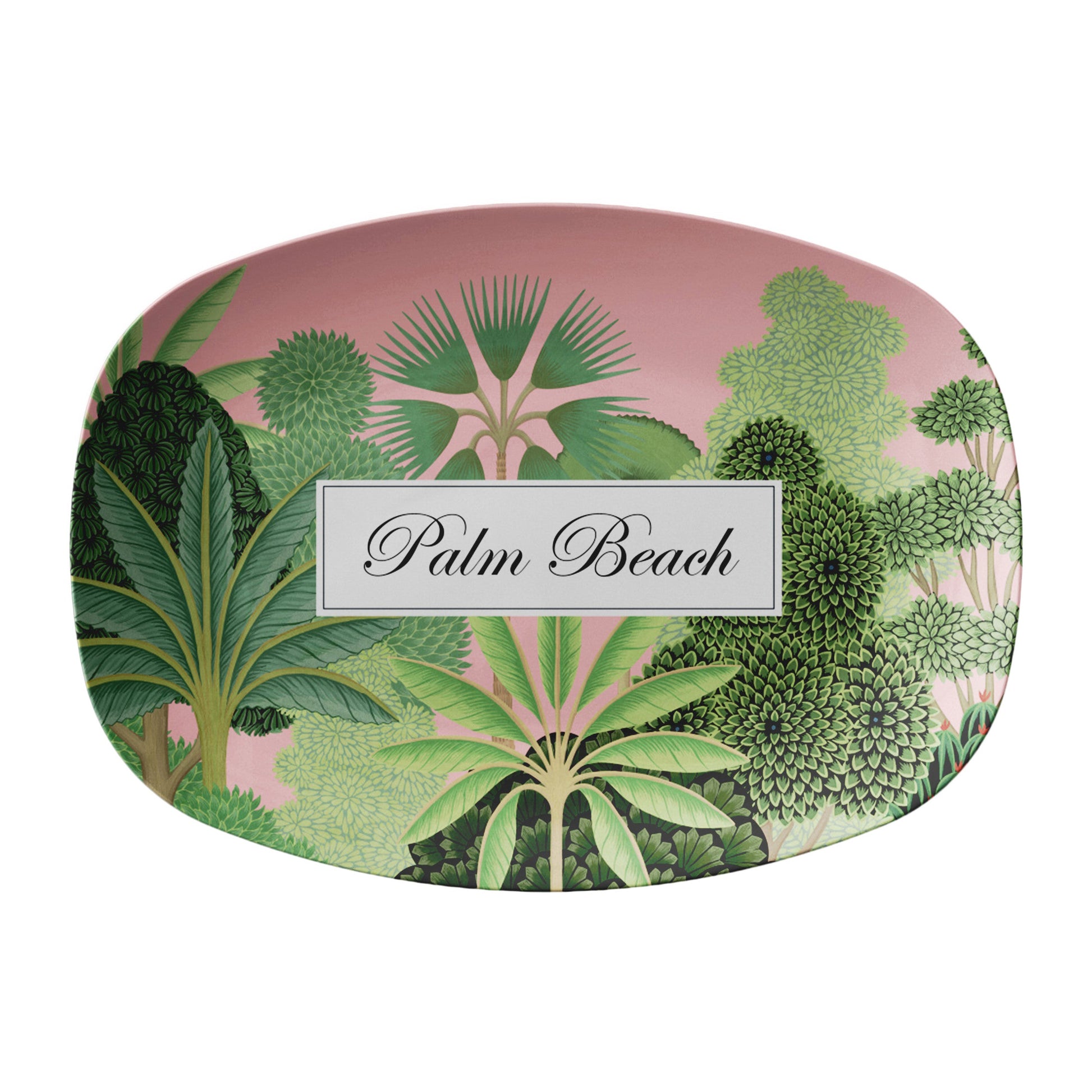 Tropical palm tree serving platter with custom name  - pink and green pattern