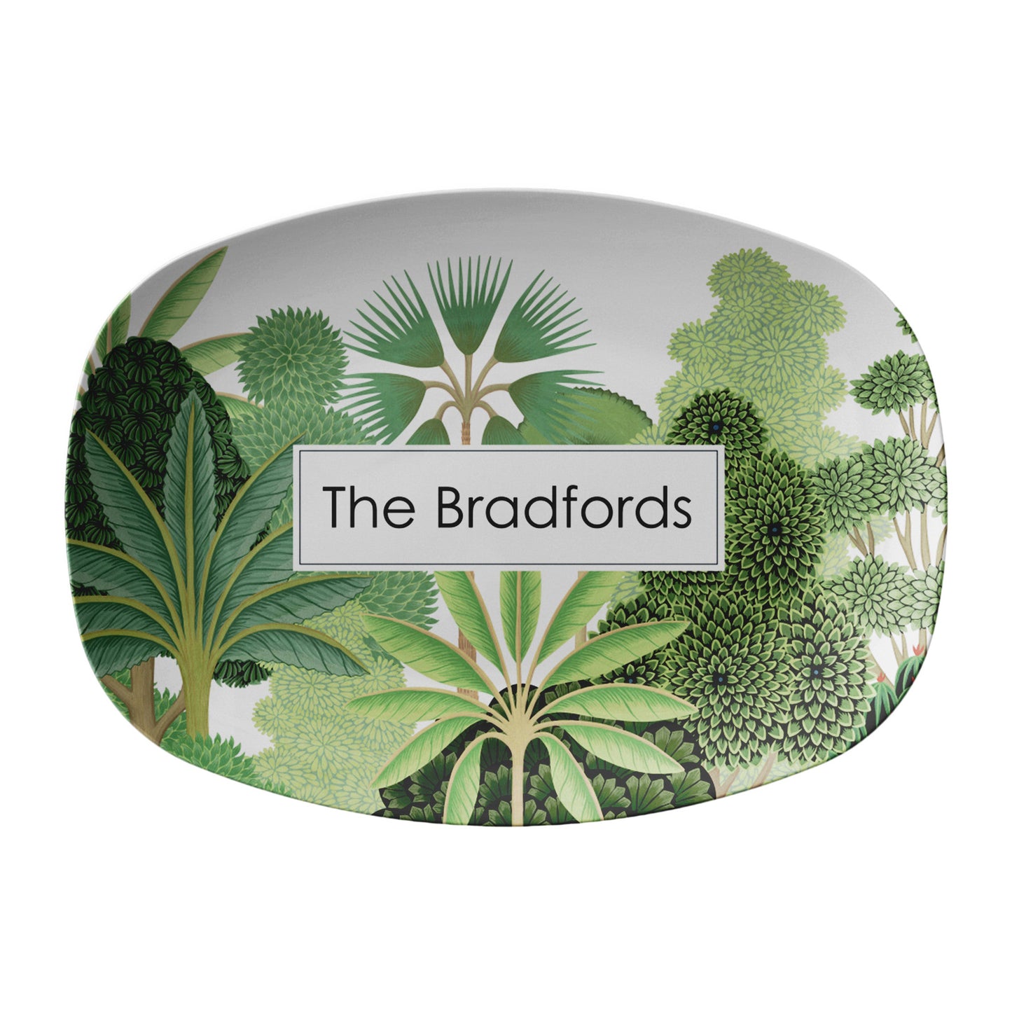 Decorative personalized serving platter with palm trees pattern and custom text 