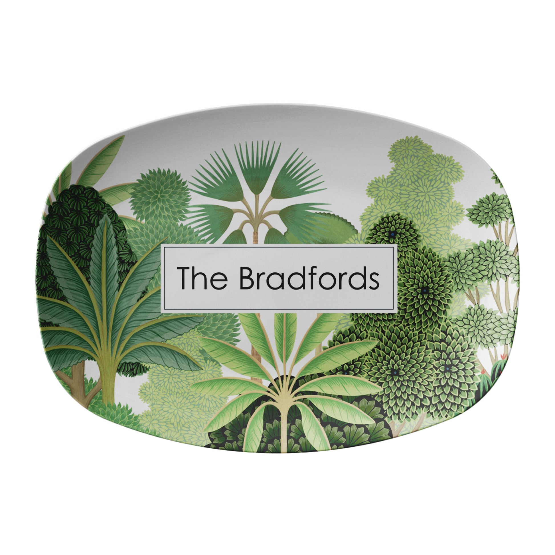 Decorative personalized serving platter with palm trees pattern and custom text 