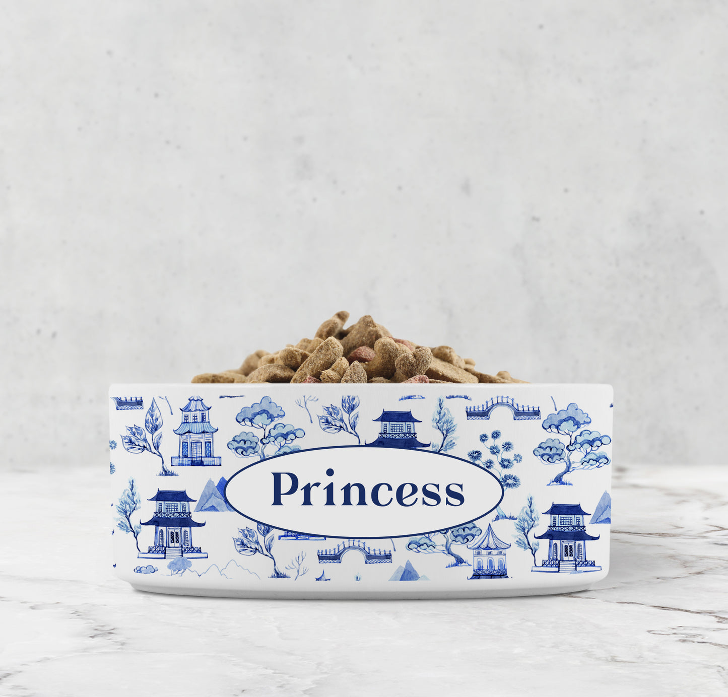 Personalized Chinoiserie Toile Pet Bowl, Blue and White, Ceramic