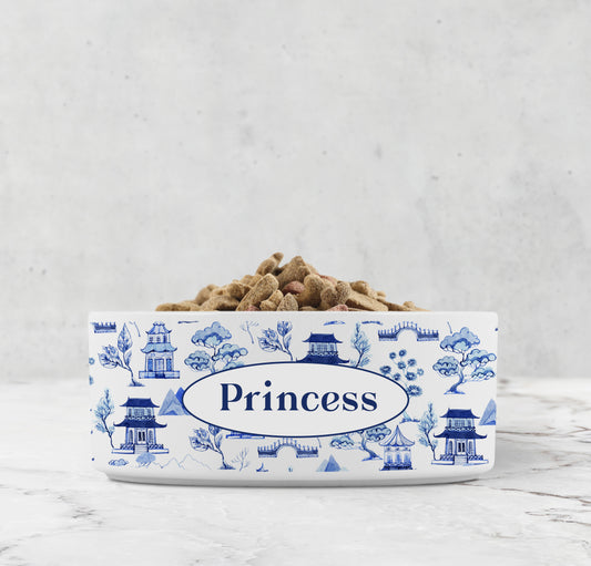 Personalized Chinoiserie Toile Pet Bowl, Blue and White, Ceramic