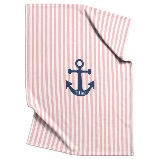 Pink and white striped pet blanket with a blue anchor including personalized text.
