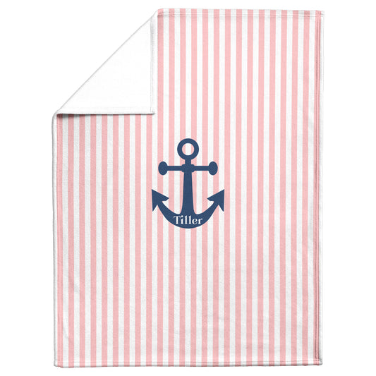 Personalized Pet Blanket, Nautical Anchor, Pink and White Stripes