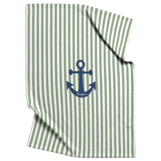 Green and white striped pet blanket with a blue anchor design personalized with any custom text.